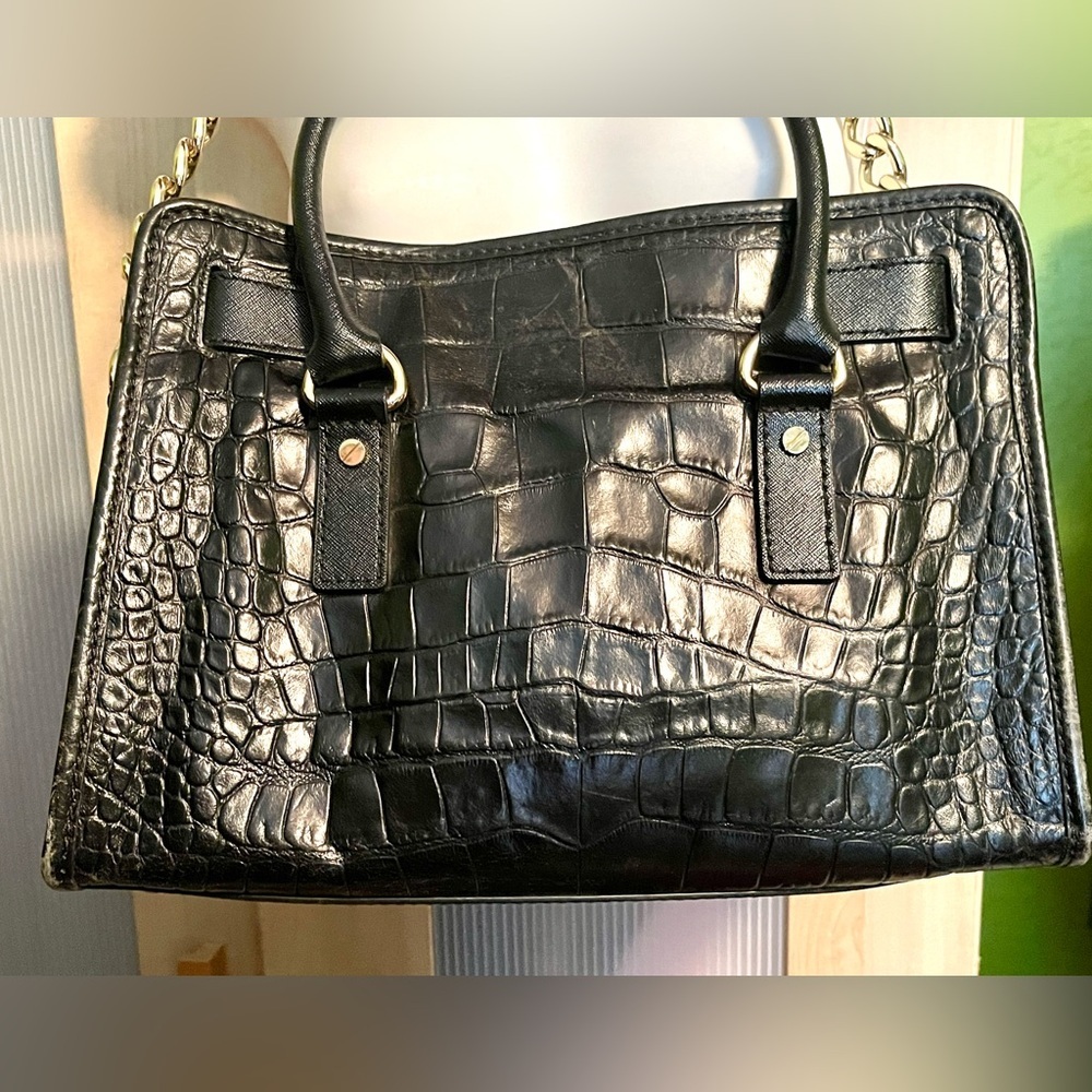 ❣️$398 ❣️ Michael Kors Black Calf Hair Croc Leather Shoulder Bag Purse - Picture 3 of 15